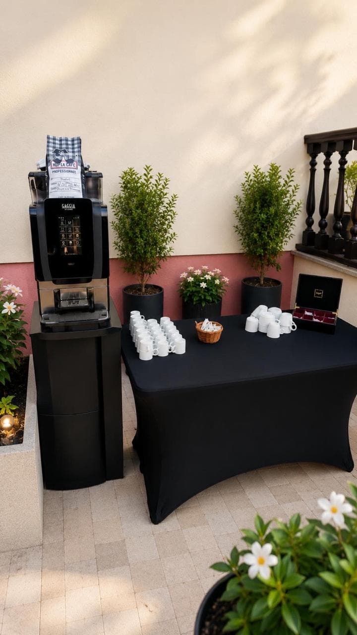 Machine à café et tasses installées pour l’accueil des invités