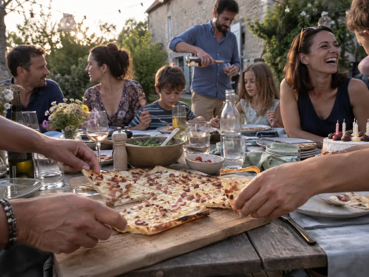 Famille partageant des tartes flambées autour d'une table lors d'un anniversaire