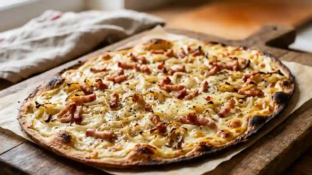 Tarte flambée traditionnelle alsacienne fraîchement cuite